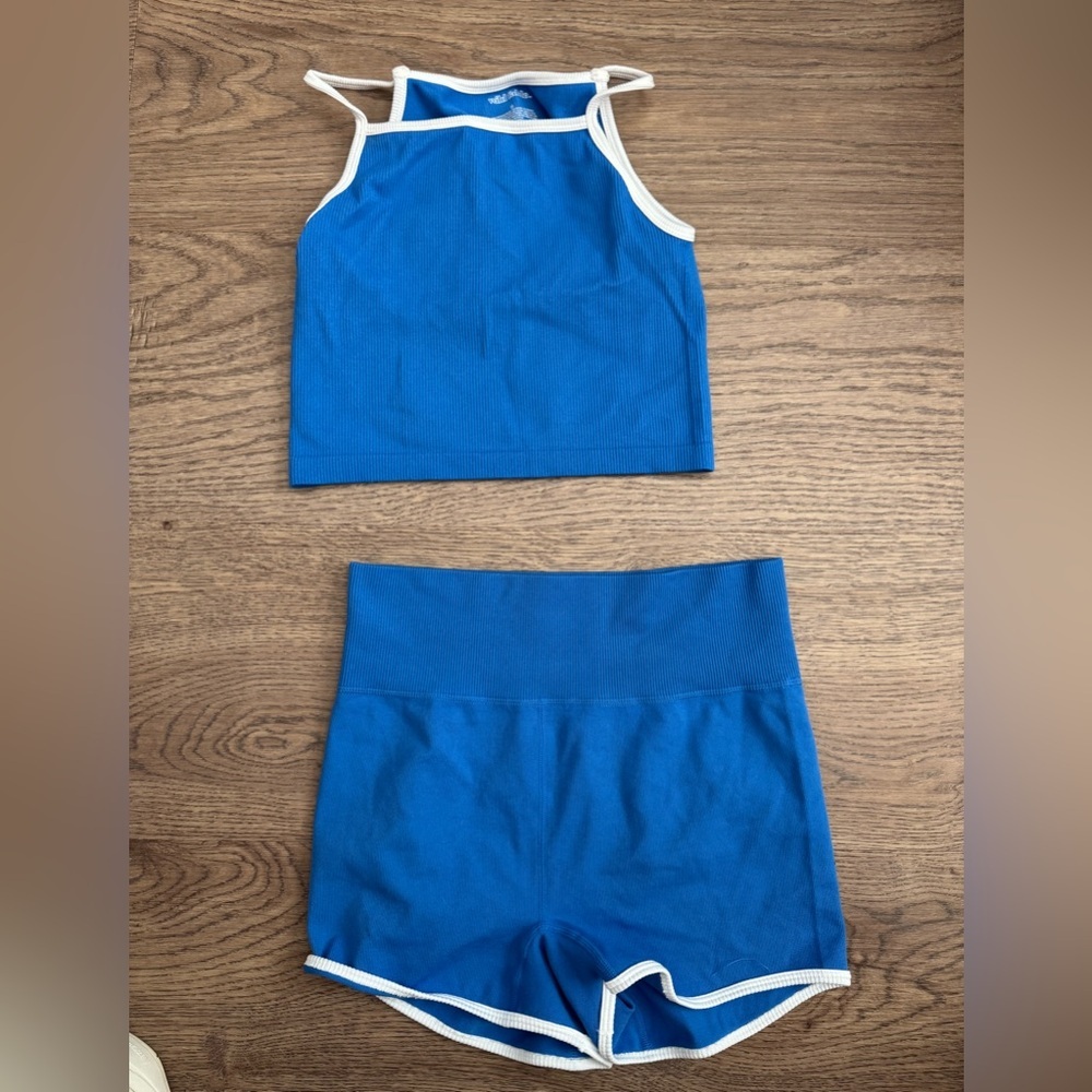 wild fable Blue Ribbed Tank and High-Waist Shorts Set with White Trim